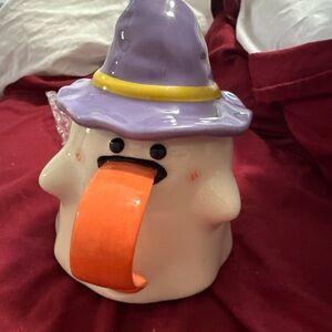 Ghost Mug with Witch Hat Lid | Halloween Ceramic Cup with Tongue Handle